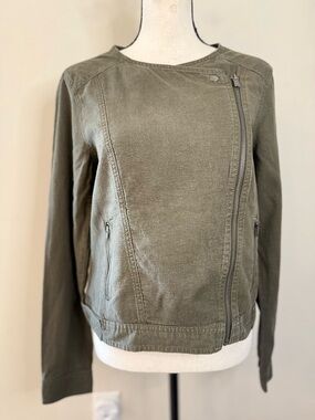 Gap army green linen viscose lightweight moto jacket SZ SM